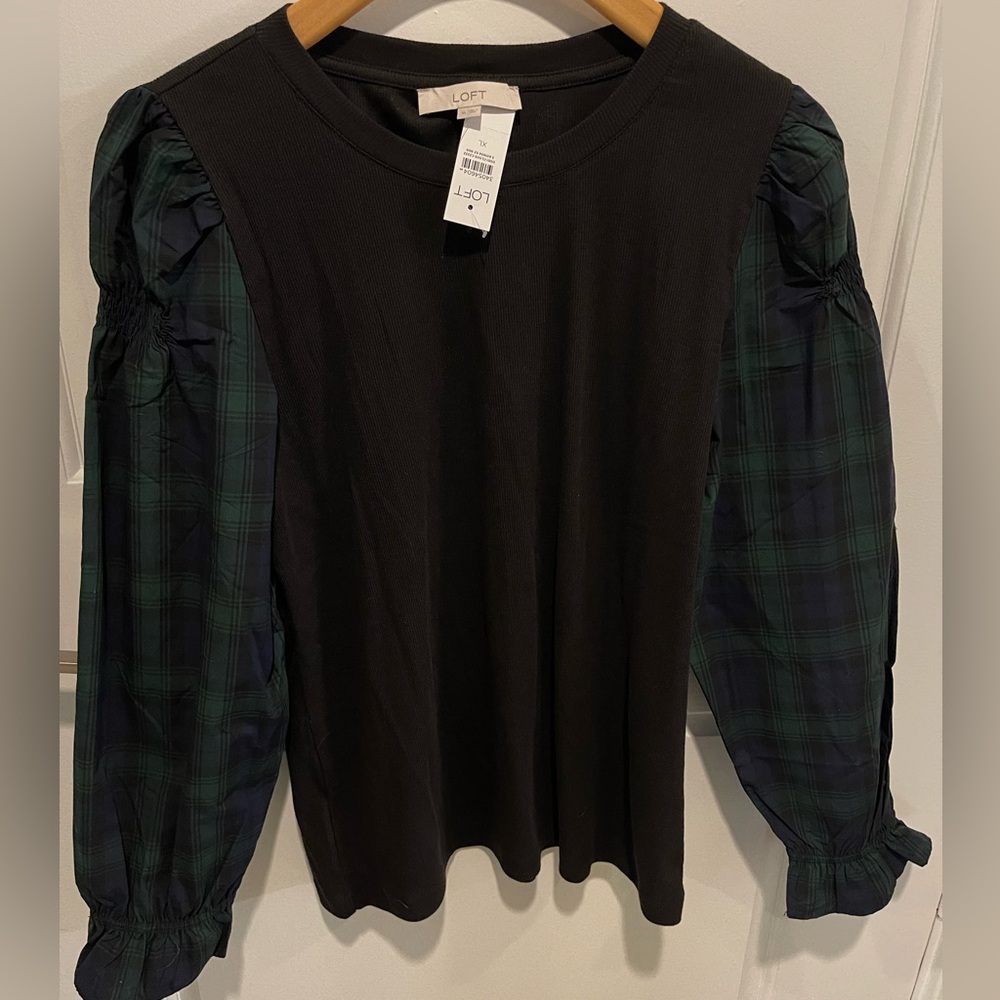 Loft XL black blouse with plaid sleeves NWT